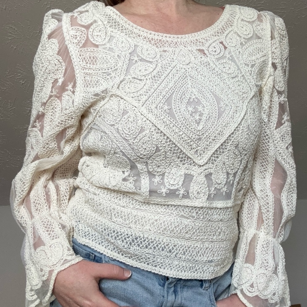 Lacey, romantic whimsical longsleeve mesh embroidered Ultra Pink top, size small